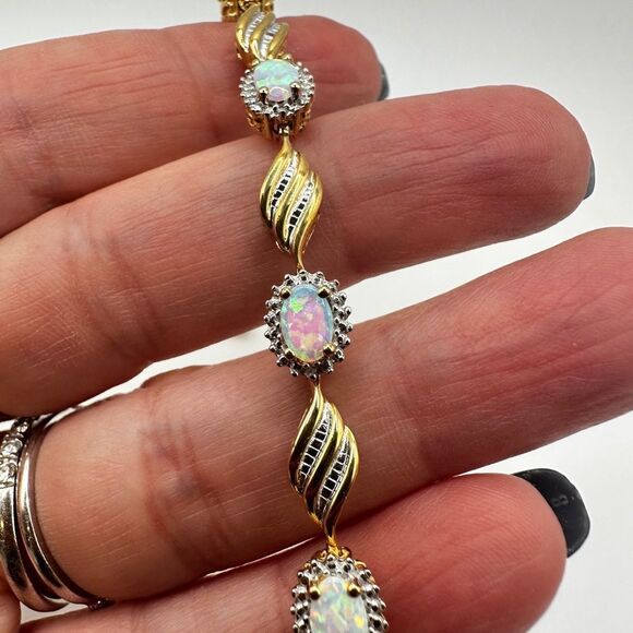 7" Lab created opal and diamond accent tennis bracelet in gold over 925! - Picture 6 of 16